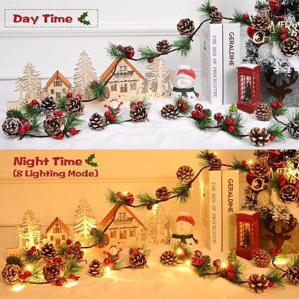 Christmas Garland with Lights, 6.6Ft Prelit Christmas Garland, Lighted Christmas Garland, Pine Garland with Pine Cones, Red Berry, Christmas Decoration, Winter Home Mantle Fireplace Table