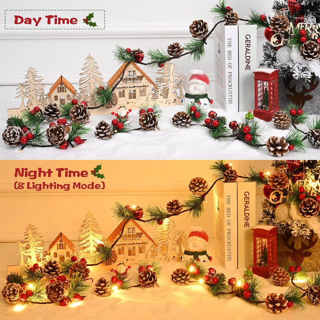 Christmas Garland with Lights, 6.6Ft Prelit Christmas Garland, Lighted Christmas Garland, Pine Garland with Pine Cones, Red Berry, Christmas Decoration, Winter Home Mantle Fireplace Table