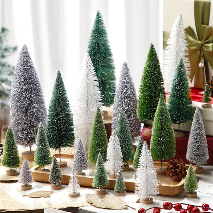 32 Pcs Artificial Mini Christmas Trees 1.4-7.9 Inch Sisal Bottle Brush Trees with Wooden Base Plastic Small Christmas Tree Miniature Pine Tree for Christmas Party Decoration Table Craft Decor