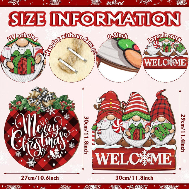 Thyle 2 Pcs Merry Christmas Welcome Door Sign Buffalo Plaid Wreath for Front Door Gnome Wooden Hanging Sign Christmas Door Hanger Xmas Door Decorations for Indoor Outdoor Home Porch Farmhouse