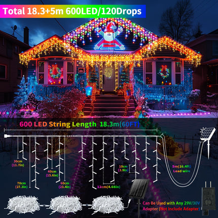 Solar Icicle Christmas Lights Outdoor 60+16Ft 600 LED Icicle Lights for Outside with 120 Drops 8 Modes Remote Dimmable Connectable Icicle Fairy Lights for Xmas Yard Eaves Balcony House Decorations