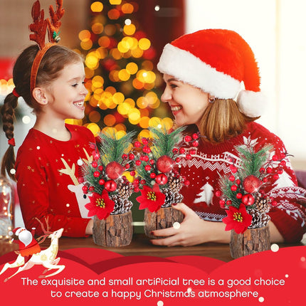 3 Pcs 11 Inch Christmas Tree Tabletop Artificial Mini Christmas Tree Decorations with Holiday Ornaments Pine Cone Red Berry Farmhouse Xmas Tree for Fireplace Home Indoor Decor(Poinsettia)