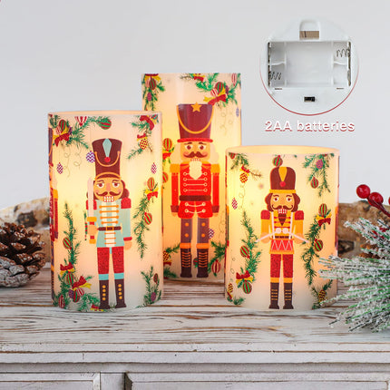 Christmas Flameless Candles Battery Operated, Holiday Nutcracker LED Candles with Remote, Realistic Pillar Candles for Xmas Tree, Mantel, Home Decor, Set of 3