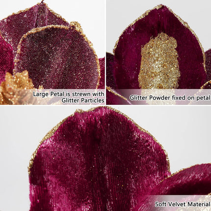 10’’ Large Heads Christmas Glitter Magnolia Flowers Christmas Tree Ornaments Set of 3 Artificial Flowers with Picks Stems for Xmas Tree Holiday Decorations, Burgundy