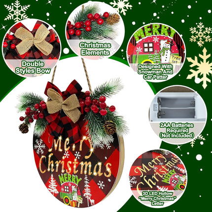 Pre-Lit & Timer Grandeal Christmas Wreaths for Front Door Sign Lighted Hollow Merry Christmas Sign Buffalo Plaid Christmas Decorations Battery Operated Xmas Hanging Window Wall Home Decor Farmhouse