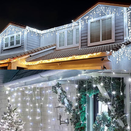 d Solar Christmas Icicle Lights,304 LED Outdoor Christmas Decorations 8 Modes Waterproof Solar Icicle Lights for Patio Yard Garden Wedding Party House Xmas Tree Roof Decorations(Cool White)