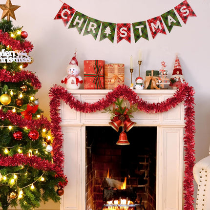 BLEUM CADE 2Pcs 65.6Ft Christmas Tinsel Garland, Red Tinsel Garland for Xmas Tree Decorations Holiday Birthday Wedding Party Supplies