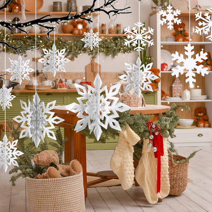 36PCS Christmas Hanging Snowflakes Decorations,24PCS 3D White Snowflakes Ornaments and 12PCS Flat Snowflakes Garland for Christmas Winter Wonderland Holiday Party Home Decor