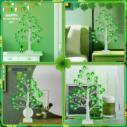 St. Patrick's Day Lighted Birch Tree with Timer, 32 LED Green Shamrock Artificial Tree, Branches Ornaments for Irish Home Party Decorations - USB & Battery Operated