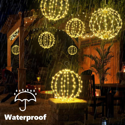 Joomer 2 Pack Christmas Solar Ball Lights, 12IN 120 LED Foldable Metal Sphere Lights Waterproof 8 Modes with Hook, Solar Powered Hanging Tree Globe Lights for Outdoor Christmas Decoration (Warm White)