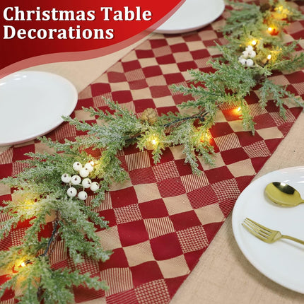 6Ft 20LED Christmas Garland with Lights Timer, Cedar Garland Snowy Christmas Garland Juniper Greenery Pine Garland Christmas Decorations with Pinecones Berried Christmas Garland for Mantle Table Home