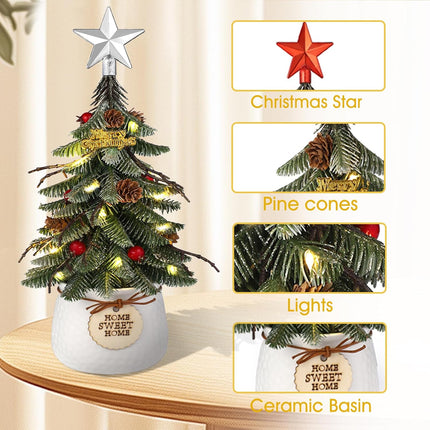 Tabletop Christmas Tree, Small Artificial Christmas Mini Tree Christmas Decorations Indoor with Holiday Ornaments Red Berry Pine Cone Greenery for Home Office Table Xmas Christmas Decor (White)