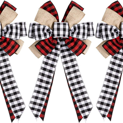 Whaline 3Pcs Christmas Bow Tree Topper Buffalo Plaid Xmas Large Bow Red Black White Handmade Decorative Bow for Christmas Tree Wreath Crafts DIY Bow Year Outdoor Decoration Festival Holiday Party