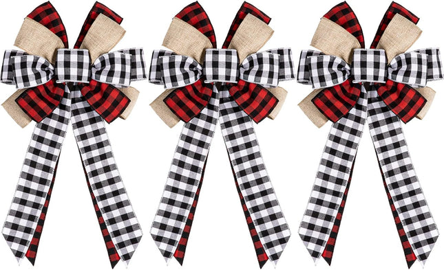 Whaline 3Pcs Christmas Bow Tree Topper Buffalo Plaid Xmas Large Bow Red Black White Handmade Decorative Bow for Christmas Tree Wreath Crafts DIY Bow Year Outdoor Decoration Festival Holiday Party
