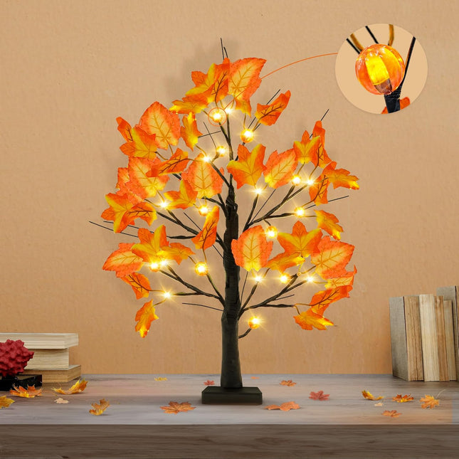 KatchOn, Artificial Maple Tree with Lights - 24 Inch 24 LED Lighted Fall Tree Light Up Maple Leaf Tree for Fall Decorations for Home, Office Autumn Trees With Lights for Thanksgiving Decorations
