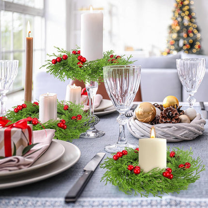 8 Pcs Christmas Candle Rings Wreath Red Artificial Cedar Berry Candle Ring Holder Mini Window Wreaths for Home Christmas Holiday Table Centerpiece