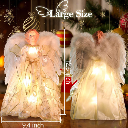 HMASYO Christmas Tree Topper Angel with Timer Lights, 12" Lighted Angel Tree Toppers with White Feather Wings and Star Light, Angel Tree Toppers Christmas Tree Top Decorations Xmas
