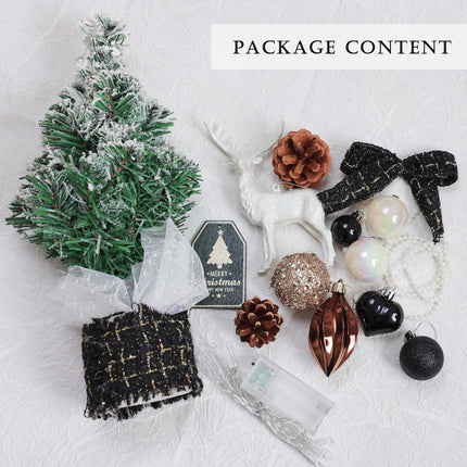 Small Christmas Tree Mini Tabletop Snowy Artificial Xmas Pine Trees with Wooden Base Decorative Ornaments Balls Festive DIY Desk Table Decoration Cute Warm Present (Black)