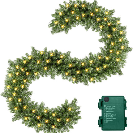 9FT Prelit Christmas Garland Artificial Pine Garland Decoration 50LED Battery Operated Warm Lights and Timer Xmas Garlands Decor Indoor Outdoor (1)
