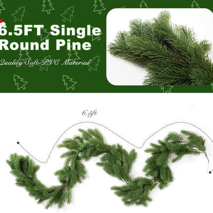 Artificial Christmas Norfolk Pine Garland, 6.5FT/2pcs Single Round Real Touch Pine Garland Faux Cedar Garland Greenery Winter Pine Garland for Mantle Table Fireplace Wall Xmas Decor