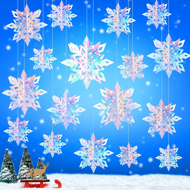 18Pcs Christmas Hanging Snowflake Decorations, 3D Glittery Large Iridescent Paper Snowflakes Garland for Christmas Winter Wonderland Frozen Holiday Year Home Tree Birthday Party Decorations