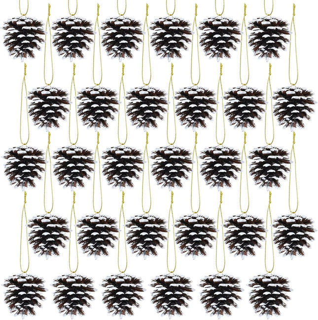 Winlyn 30 Pcs Christmas Pinecones Ornaments Frosted White Natural Pinecones Hanging with String Pinecone Christmas Tree Decorations for Winter Wedding Christmas Holiday Party DIY Craft Seasonal Wreath