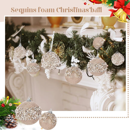 Poen 24 Pcs Glitter Christmas Ball Ornaments Set Christmas Tree Ornaments Hanging Sequin Foam Christmas Balls Decoration for Xmas Tree Wreath Garland Christmas Home Decor Wedding Party (Champagne)