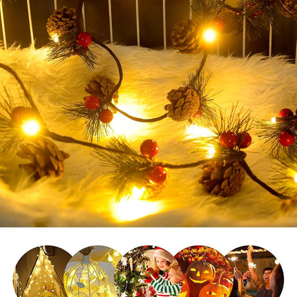 2 PCS Christmas Garland with Lights and Bigger Pine Cones, Led String Lights, Red Berries, Needle, Pine Cone, Xmas Wreath, Christmas Lights for Indoor Decorations, Fireplace, 6.6 FT, 20 Led