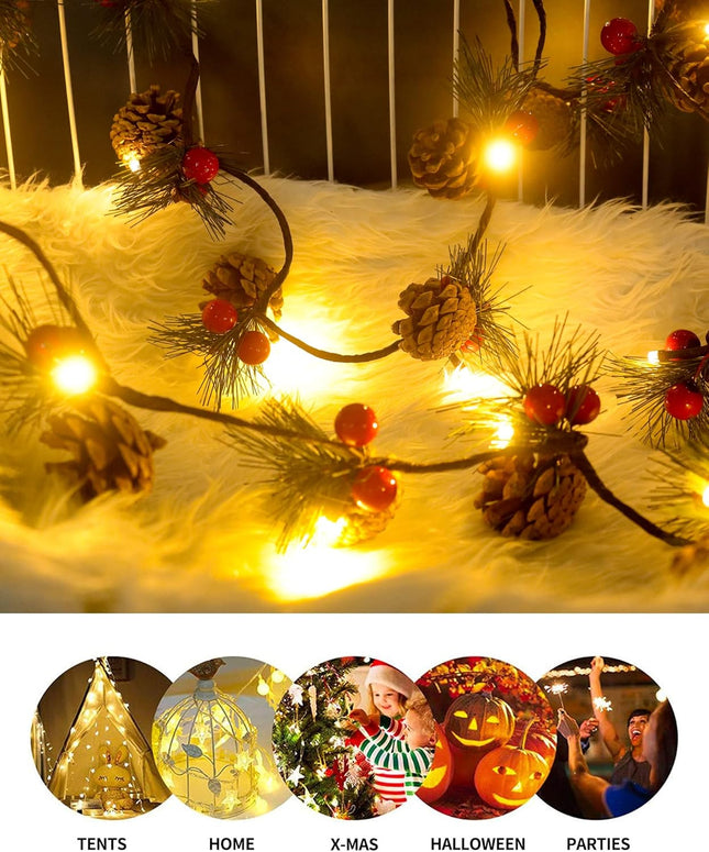 2 PCS Christmas Garland with Lights and Bigger Pine Cones, Led String Lights, Red Berries, Needle, Pine Cone, Xmas Wreath, Christmas Lights for Indoor Decorations, Fireplace, 6.6 FT, 20 Led