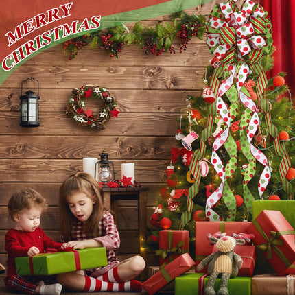 Tigeen Christmas Tree Bow Topper 52 x 12 Inch Red Green White Polka Dot Large Toppers Bow Present Bow with Glitter Streamers for Wreaths Xmas Party Holiday Festival Decorations