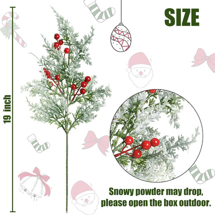 Sggvecsy 6 Pack Snowy Artificial Pine Branches Frosted Faux Cedar Spray with Red Berries 19’’ Greenery Cedar Picks Christmas Cedar Stems for DIY Garland Wreath Xmas Embellishing Garden Home Decoration