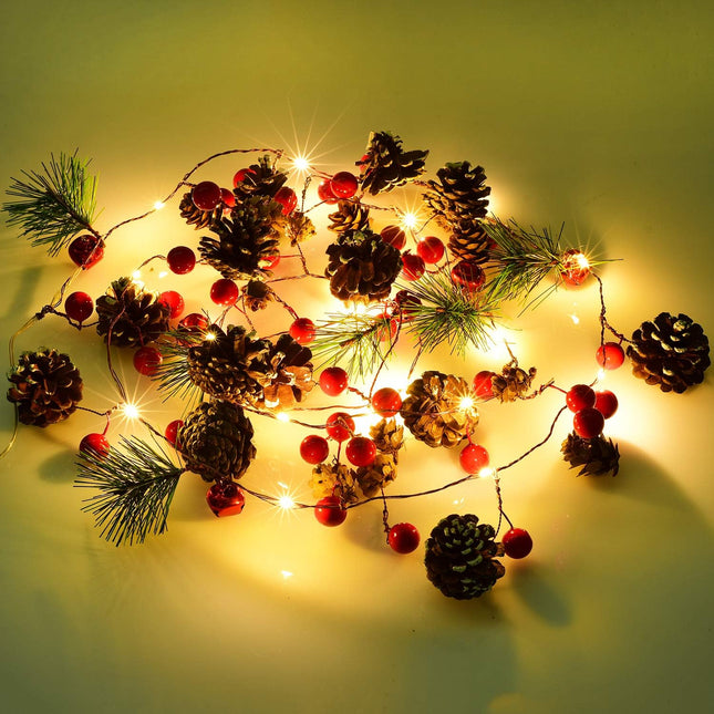 DearHouse 6.7FT Christmas Garland with Lights, 20 LED Red Berry Pine Cone Garland Lights Battery Operated, led Garland String Lights, Christmas Decorations for Home, Garland for Fireplace