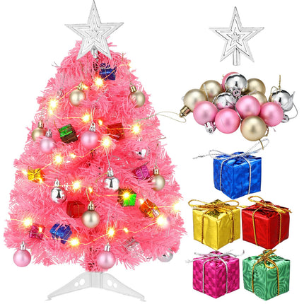 20 Inch Tabletop Mini Christmas Tree Set with LED Lights Artificial Small Christmas Tree DIY Christmas Decor Christmas Tree Ornaments Balls, Star Treetop for Home Indoor Table Desk (Pink)