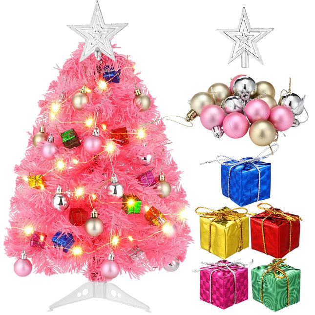 20 Inch Tabletop Mini Christmas Tree Set with LED Lights Artificial Small Christmas Tree DIY Christmas Decor Christmas Tree Ornaments Balls, Star Treetop for Home Indoor Table Desk (Pink)