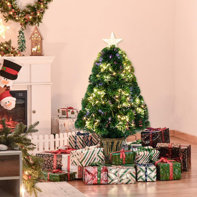 3Ft Fiber Optic Artificial Christmas Tree with Lighted Copper Wire Stars and Tree Topper, Potted Pre-lit Christmas Tree for Entrance Proch Yard Front Door