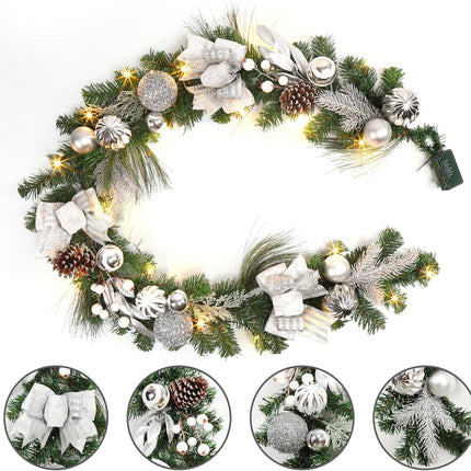 Adeeing 6FT Christmas Garland with Lights, Xmas Battery Operated Artificial Rattan with Classic Silver Decorations, Xmas Garland for Home Indoor Fireplace Mantle Outdoor Decor, Silver
