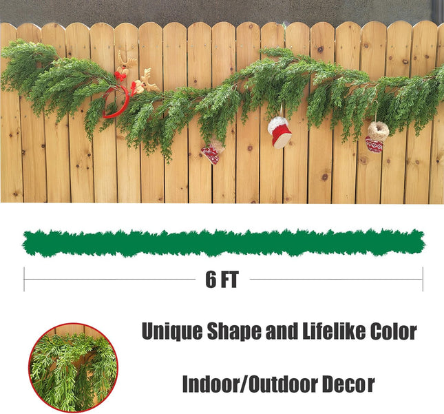 Christmas Garland with Warm White 50 LED Lights 6FT Greenery Garland Decorations for Winter Holiday Mantle Stairs Table Outdoor Artificial Pine and Cypress Garlands, Batteries Operated