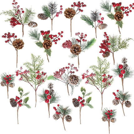 Crafare 20 Pack Artificial Christmas Tree Picks Assorted Red Berry Pine Picks Spray with Pinecones Apples Holly Leaves Winter Holiday Season Déco