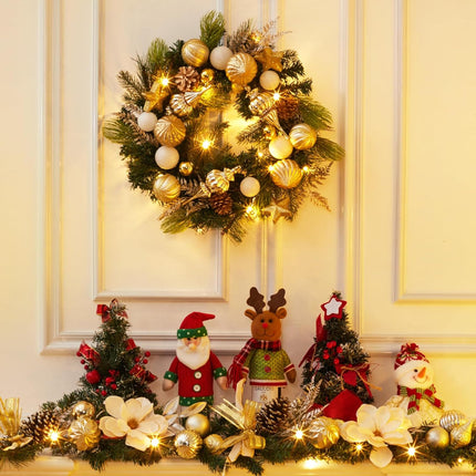 GAOMON Christmas Wreath for Front Door, 24 Inch Outdoor Christmas Wreath, Battery Operated Xmas Wreath with Gold White Ball Ornaments Pine Cones and 20 LED Lights for Home Holiday Decor