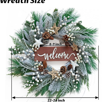 Winter Wreaths for Front Door 24 Inch Outdoor Christmas Snow Covered Wreath Artificial Flocked Spruce Wreath with Pinecones,White Berries,Green Evergreen Xmas Holiday Welcome Wreath Decor