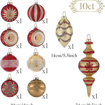 Valery Madelyn Glass Christmas Ornaments Set, 10ct Red and Gold Mercury Blown Glass Christmas Tree Ball Decorations, Luxury Xmas Hanging Teardrop Finial Faceted Reflector for Holiday Decor