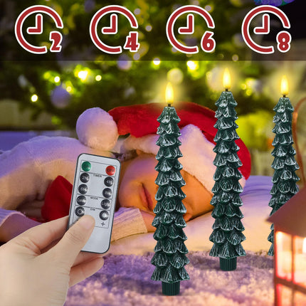Funtery 12 Pcs Flameless Taper Candles Christmas Tree Candle with Remote Timer 9.7" 3D Real Wax Flickering LED Candles Battery Operated Lights Candlesticks with Flame for Xmas Home (White Green)