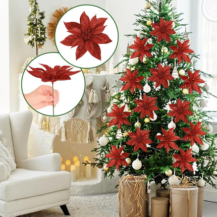 24 Pcs Red Poinsettia Christmas Tree Decorations, 24 Pcs Artificial Poinsettia Flowers and Christmas Picks Glitter Berry Stem, Christmas Tree Ornaments for Christmas Tree Topper, Filler, Wreath