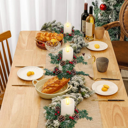 GENMOUS 8 Pcs Christmas Candle Rings Mini Wreaths, Snowy Pine Candle Garlands with Artificial Red Berries Pinecones,Christmas Centerpieces for Tables,Pillar Candle Rings Wreaths for Winter Home Decor