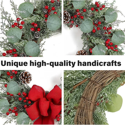 20 Inch Artificial Christmas Wreath Christmas Wreaths for Front Door with Pine Needles Pine Cones Red Berries Eucalyptus Leaves Red Bow for Home Office Wall Window Fireplace Winter Holidays