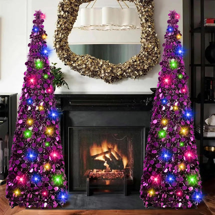 N&T NIETING Pop Up Christmas Tree with Lights & 30 Balls, 5Ft Collapsible Purple Tinsel Christmas Tree Decorations, Pencil Christmas Tree Skinny Christmas Tree for Holiday Xmas Home Office Decor