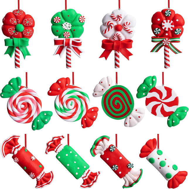 moonoom 12 Pieces Christmas Lollipop Ornaments,Christmas Candies Polymer Clay Ornament,Xmas Decor Candy Cane Hanging Decorations,Sweets Candy Pendant Xmas Tree Party Supplies