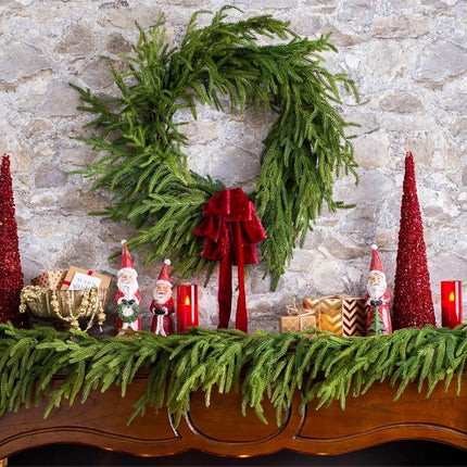 Real Touch Norfolk Pine Christmas Garland and Wreath Set, 24IN Green Wreath and 9FT Christmas Garland Artificial Faux Greenery Norfolk Pine for Holiday Indoor Mantle Decor