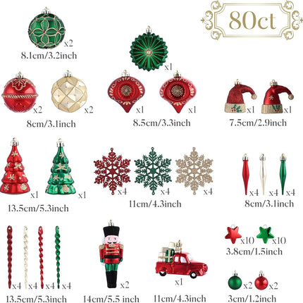 Valery Madelyn Christmas Tree Decorations Set, 80ct Red Green and Gold Shatterproof Christmas Ball Ornaments Bulk, Traditional Country Hanging Ornaments for Christmas Trees Xmas Holiday Decor