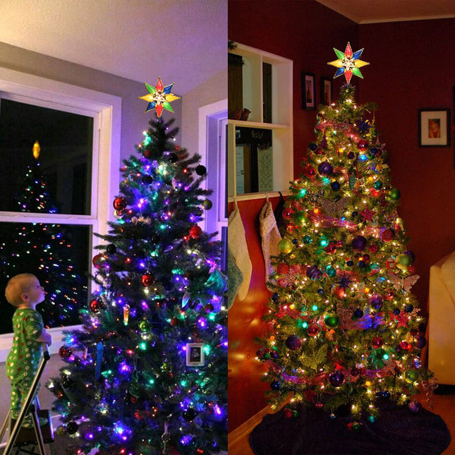 Brizled Christmas Star Tree Topper, 8" Lighted Double-Sided Christmas Tree Topper, 8-Point Multi Color Xmas Tree Topper with 10 Warm Lights, 120V UL Tree Star for Christmas Tree Party Home